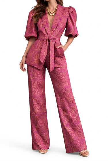 Women’s Patterned Two-Piece Set with Puff Sleeves-Jumpsuits for woman-CaldwellVoss