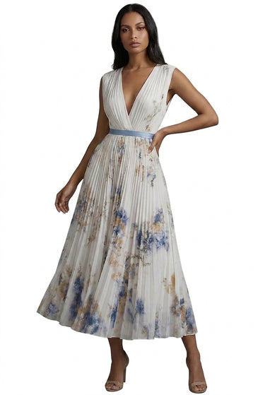 Women’s Pleated Midi Dress with V-Neck-Midi Dress-CaldwellVoss