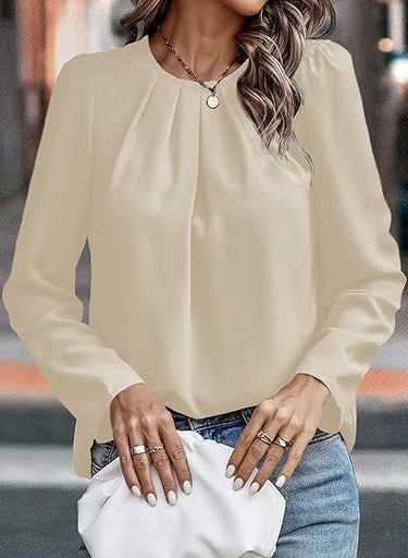 Women’s Pleated Round Neck Blouse-Blouses for women-CaldwellVoss