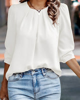 Women’s Pleated Round Neck Blouse-Blouses for women-CaldwellVoss