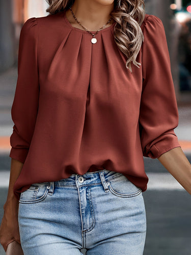 Women’s Pleated Round Neck Blouse-Blouses for women-CaldwellVoss