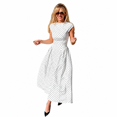 Women's Polka Dot Cap Sleeve Maxi Dress with Pleated Skirt-Maxi Dress-CaldwellVoss