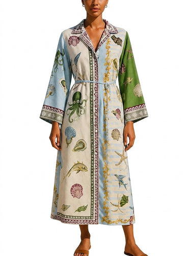 Women's Printed Belted Midi Shirt Dress-Midi Dress-CaldwellVoss