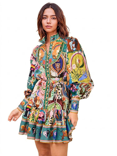 Women’s Printed Long Sleeve Mini Dress-Mini Dress-CaldwellVoss