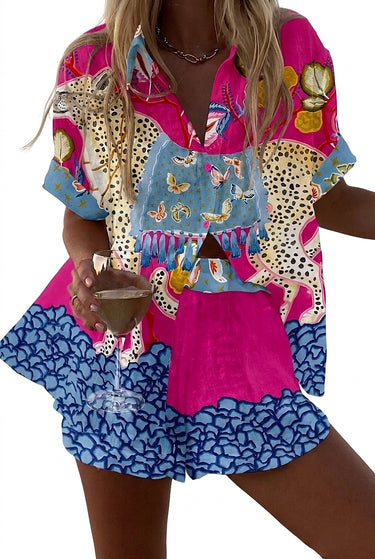 Women’s Printed Short Sleeve Shirt and Shorts Set-Sets for women-CaldwellVoss
