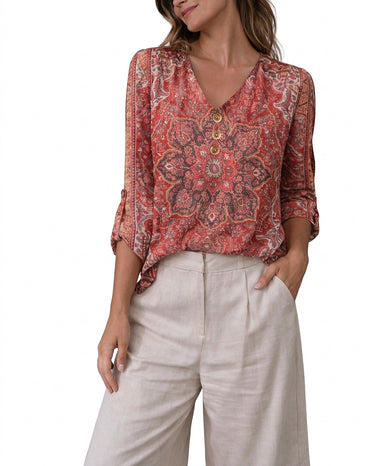 Women’s Printed V-Neck Button Front Blouse-Blouses for women-CaldwellVoss