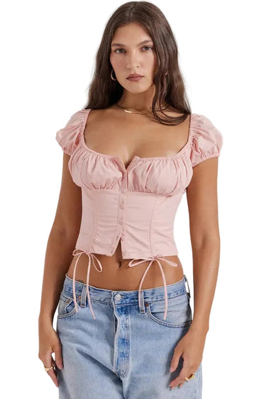 Women's Puff Sleeve Sweetheart Neckline Button-Down Corset Crop Top with Tie Details-Tops for women-CaldwellVoss