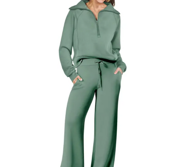 Women’s Quarter-Zip Pullover and Wide Leg Pants Set-Sets for women-CaldwellVoss