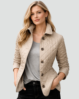 Women’s Quilted Button Front Jacket with Plaid Cuffs-Jacket for women-CaldwellVoss