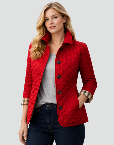 Women’s Quilted Button Front Jacket with Plaid Cuffs-Jacket for women-CaldwellVoss