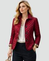 Women’s Quilted Button Front Jacket with Plaid Cuffs-Jacket for women-CaldwellVoss