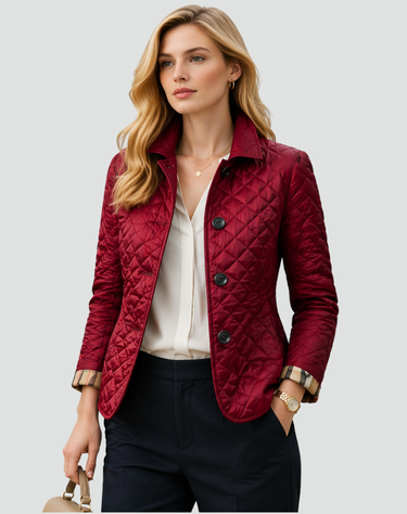 Women’s Quilted Button Front Jacket with Plaid Cuffs-Jacket for women-CaldwellVoss