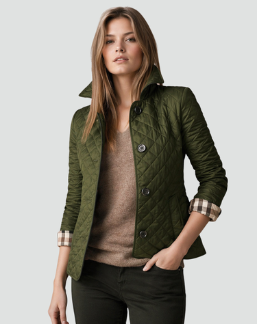 Women’s Quilted Button Front Jacket with Plaid Cuffs-Jacket for women-CaldwellVoss