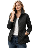 Women’s Quilted Button Front Jacket with Plaid Cuffs-Jacket for women-CaldwellVoss