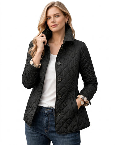 Women’s Quilted Button Front Jacket with Plaid Cuffs-Jacket for women-CaldwellVoss
