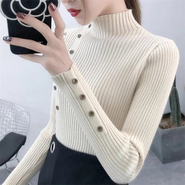Women’s Ribbed Knit Mock Neck Sweater with Decorative Buttons-Sweaters for Women-CaldwellVoss