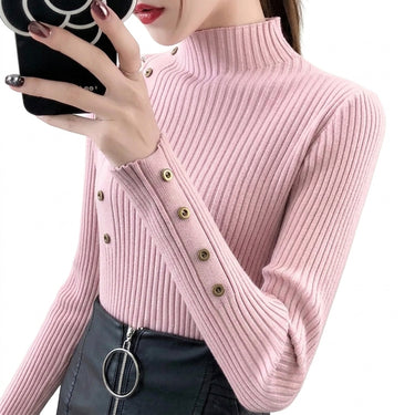 Women’s Ribbed Knit Mock Neck Sweater with Decorative Buttons-Sweaters for Women-CaldwellVoss