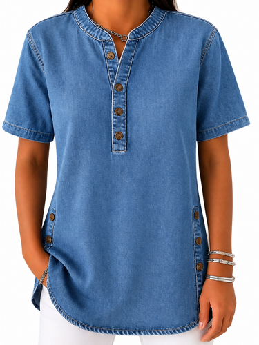 Women’s Round Neck Button Placket Blouse-Blouses for women-CaldwellVoss