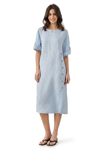 Women’s Round Neck Midi Dress with Side Button Detail-Midi Dress-CaldwellVoss