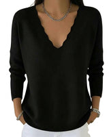 Women’s Scalloped V-Neck Knit Sweater-Sweaters for Women-CaldwellVoss