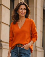 Women’s Scalloped V-Neck Knit Sweater-Sweaters for Women-CaldwellVoss