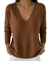 Women’s Scalloped V-Neck Knit Sweater-Sweaters for Women-CaldwellVoss
