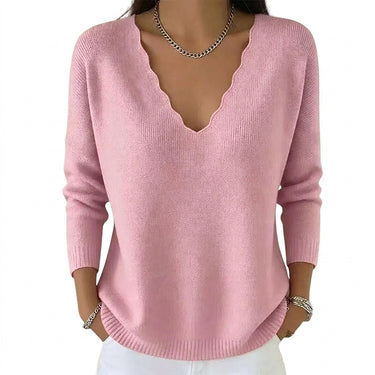 Women’s Scalloped V-Neck Knit Sweater-Sweaters for Women-CaldwellVoss