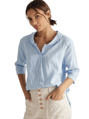 Women’s Shawl Collar V-Neck Linen Top-Tops for women-CaldwellVoss