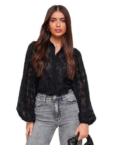Women's Sheer Floral Embroidered Button-Down Blouse with Balloon Sleeves-Blouse for women-CaldwellVoss