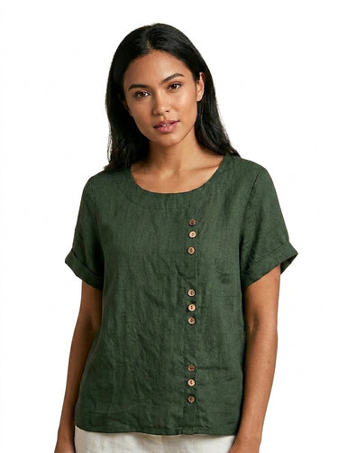 Women's Short Sleeve Linen Blouse with Button Detail Army Green