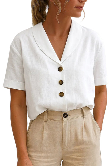 Women's Short Sleeve Linen Shirt with Notched Collar-Blouses for women-CaldwellVoss