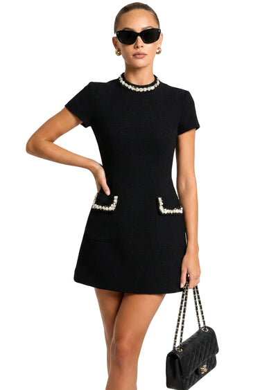 Women’s Short Sleeve Mini Dress with Pearl Trim and Front Pockets-Mini Dress-CaldwellVoss