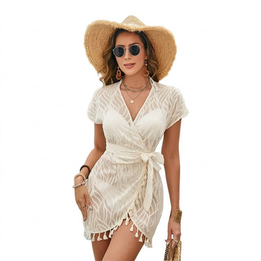Women's Short Sleeve Tassel Wrap Cover-up Dress White