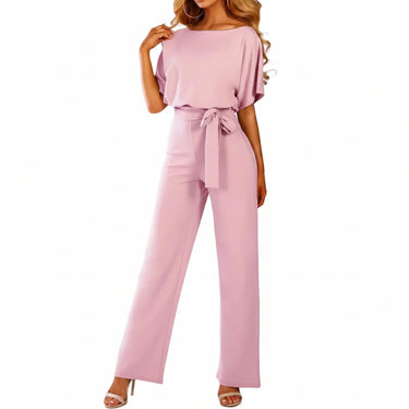 Women’s Short Sleeve Wide Leg Jumpsuit with Waist Tie and Round Neck-Jumpsuits for women-CaldwellVoss