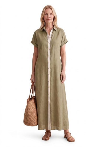 Women’s Short-Sleeved Button-Down Maxi Shirt Dress-Maxi Dress-CaldwellVoss