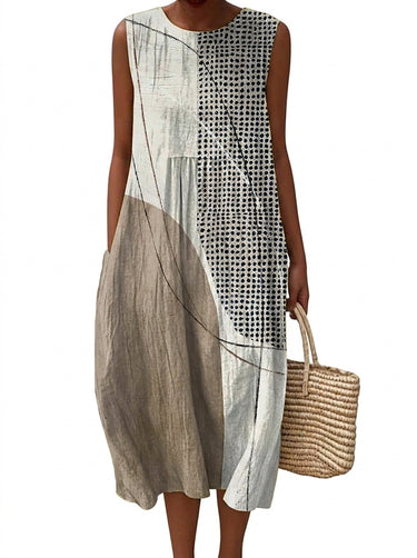 Women's Sleeveless Abstract Print Midi Dress White