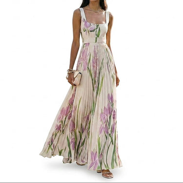 Women’s Sleeveless Floral Print Pleated Maxi Dress-Maxi Dress-CaldwellVoss