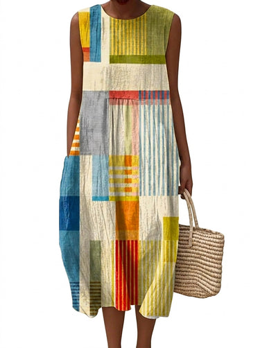 Women's Sleeveless Geometric Print Midi Dress Yellow