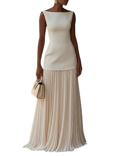 Women’s Sleeveless Maxi Dress with Pleated Skirt Beige