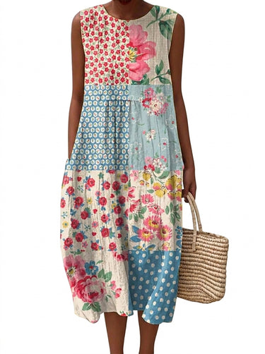 Women's Sleeveless Patchwork Floral Midi Dress Pink