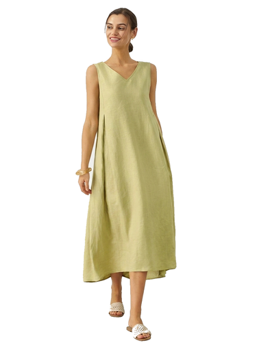 Women's Sleeveless V-Neck Linen Midi Dress-Midi Dress-CaldwellVoss