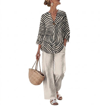 Women’s Striped Blouse and Wide Leg Pants Set-Sets for women-CaldwellVoss