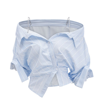 Women's Striped Off-Shoulder Chain Strap Blouse Blue
