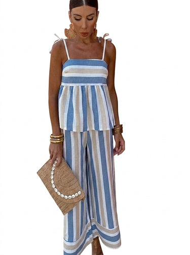 Women's Striped Peplum Top and Wide-Leg Pants Set Blue