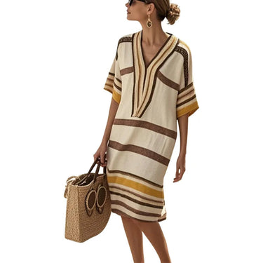 Women’s Striped V-Neck Kaftan Dress White Brown