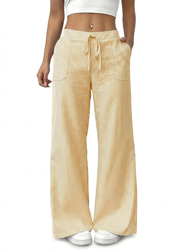 Women's Striped Wide Leg Drawstring Pants Yellow
