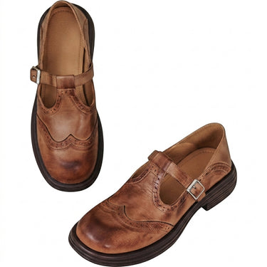 Women's T-Strap Brogue Shoes with Wingtip Detailing and Buckle Closure-Footwear for women-CaldwellVoss