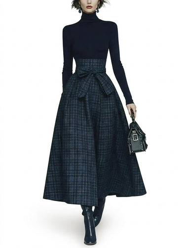 Women’s Turtleneck Top and Plaid Maxi Skirt Set-Skirt for women-CaldwellVoss