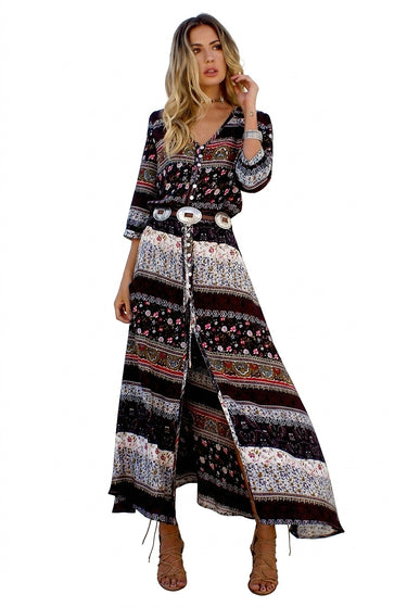 Women's V-Neck Button-Down Patterned Maxi Dress Black