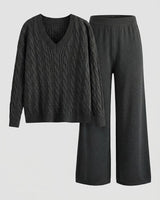 Women’s V-Neck Cable Knit Sweater and Wide Leg Pants Set-Sets for women-CaldwellVoss